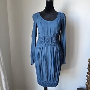 Adam Lippes Teal Long Sleeve Midi Silk Dress XS
